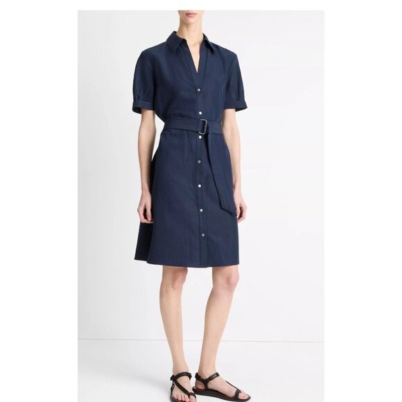 Vince Navy Belted Button Front Shirt Dress Women’s M Tencel Lyocell Midi Casual - Picture 1 of 10